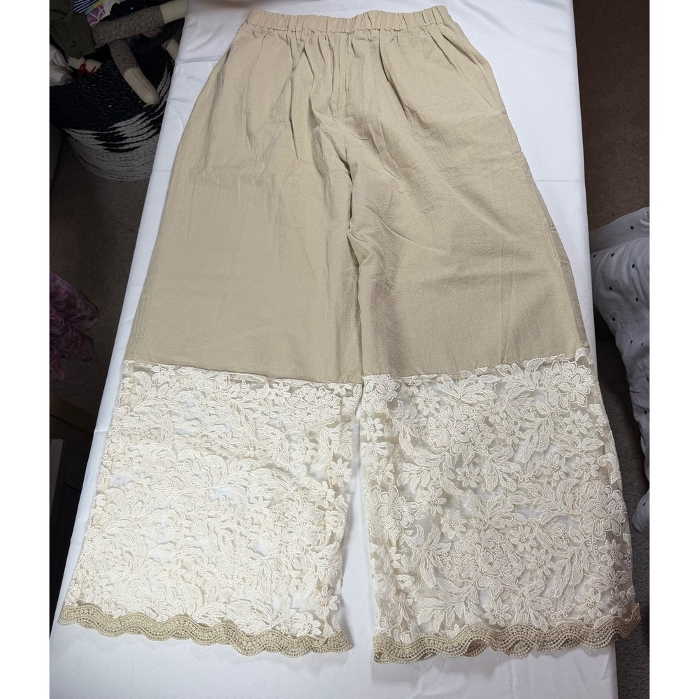 Beige Cotton Wide Leg Pants Floral Lace Hem Elastic Waist Boho Trousers Medium